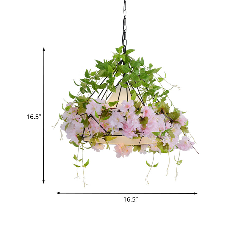 16.5"/19.5" W Black Diamond Cage Suspension Light Vintage Iron 1 Light Flower Restaurant Pendant with Fabric Shade