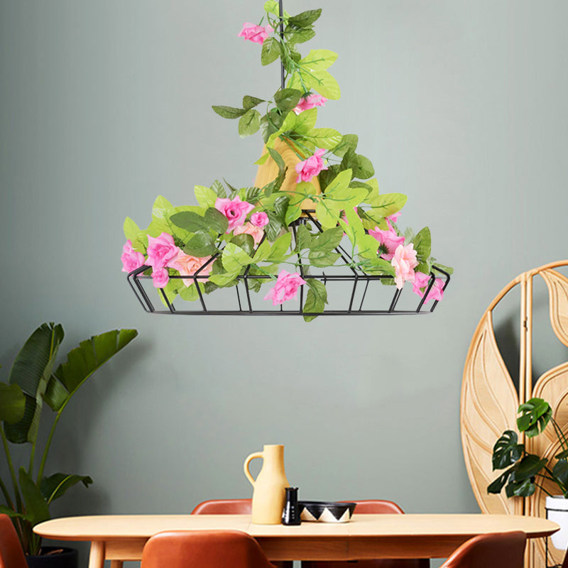 1 tête diamant cage pendentif industriel noire en fer noire pendante suspendue avec haut en bois