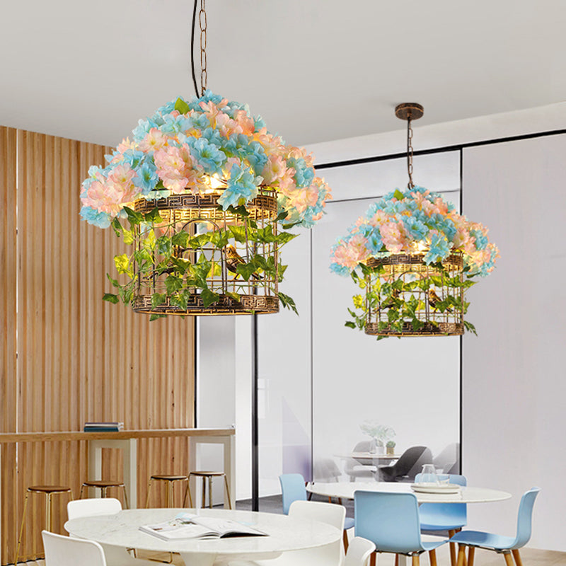Bronze 1 Bulb Hanging Light Industrial Iron Birdcage Flower Suspended Lighting Fixture for Restaurant