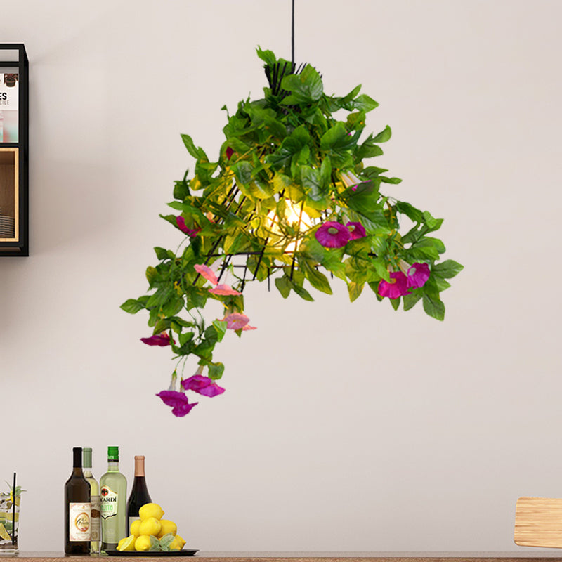 Iron Black Pendant Light Fixture Conical Cage 1-Bulb Industrial Suspension Lamp with Flower and Leaf