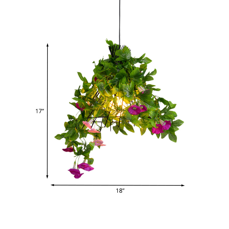 Iron Black Pendant Light Fixture Conical Cage 1-Bulb Industrial Suspension Lamp with Flower and Leaf