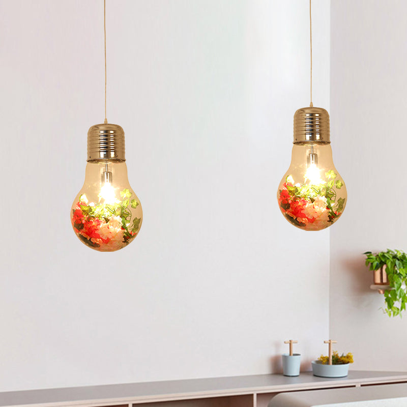 Clear Glass Bulb-Shaped Pendant Farmhouse 1 Light Restaurant Flower Ceiling Suspension Lamp, 6"/8"/11" Wide