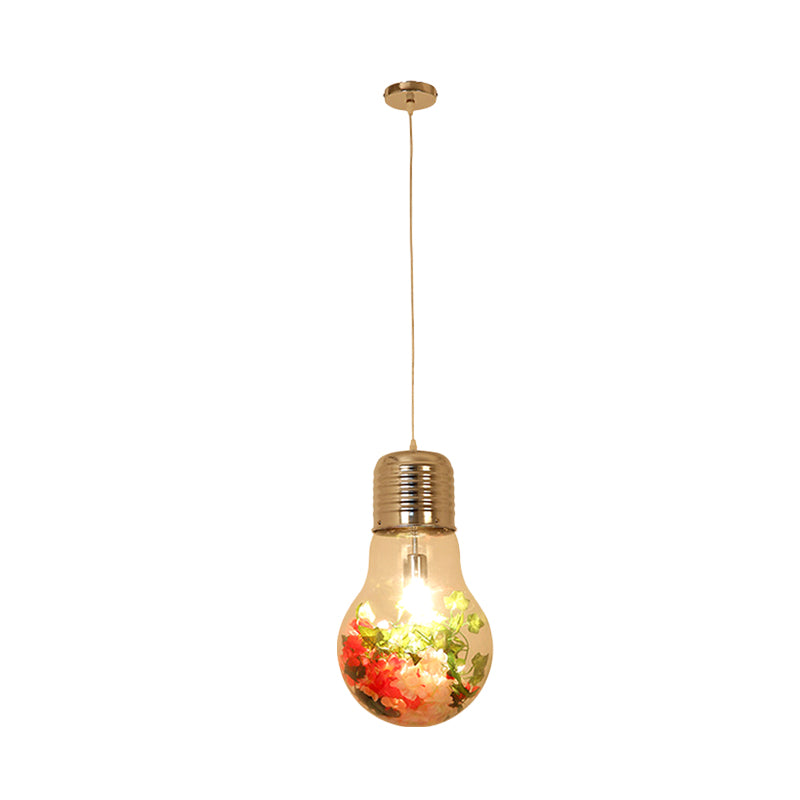 Clear Glass Bulb-Shaped Pendant Farmhouse 1 Light Restaurant Flower Ceiling Suspension Lamp, 6"/8"/11" Wide