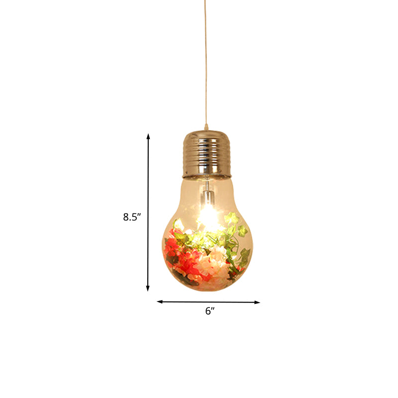 Clear Glass Bulb-Shaped Pendant Farmhouse 1 Light Restaurant Flower Ceiling Suspension Lamp, 6"/8"/11" Wide