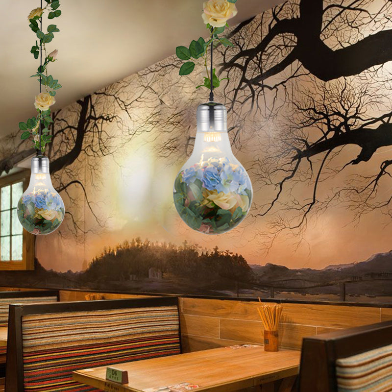 Bulb-Shaped Restaurant Suspension Pendant Antique Clear Glass 8.5"/12" W 1 Head Chrome Flower Drop Lamp