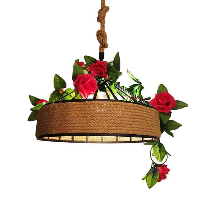 Factory Round Cage Drop Pendant 1-Bulb Hemp Rope Flower Hanging Light Fixture in Black, 12"/16"/19.5" Wide