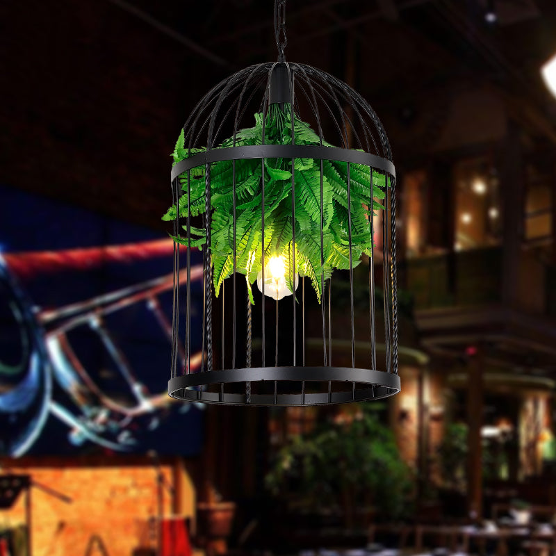 Black Bird Cage Hanging Lamp Farmhouse Iron 1 Light Restaurant Ceiling Pendant Light with Plant Decor