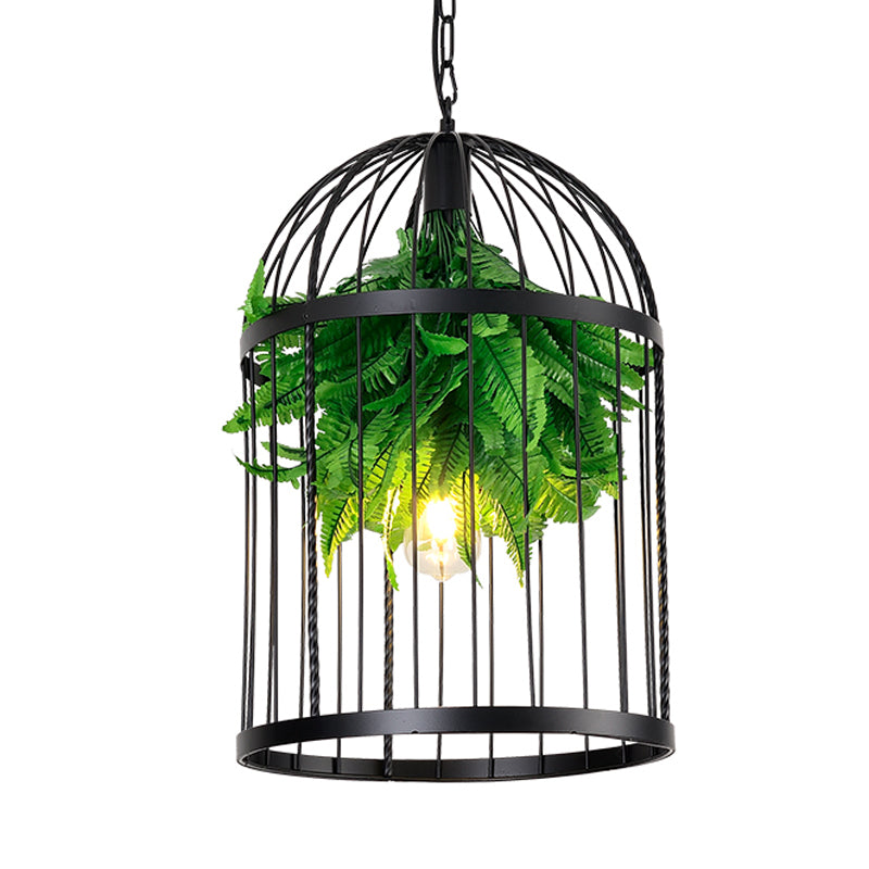 Black Bird Cage Hanging Lamp Farmhouse Iron 1 Light Restaurant Ceiling Pendant Light with Plant Decor