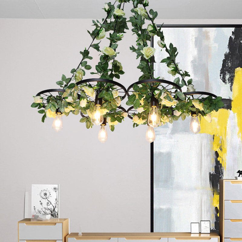 3/6 Heads Chandelier Pendant Light Retro Wheel Iron Suspended Lighting Fixture in Black with Plant Decor