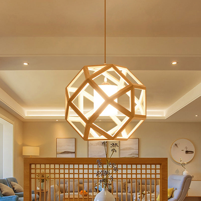 Asia Wood Globe Cage Pendant Lamp Single Bulb Hanging Light in Beige with Fabric Shade Inside