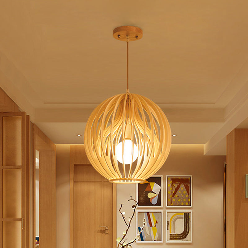 Asia Style 2-Layer Cage Pendant Wooden 1 Head Dining Room Ceiling Light in Beige with Interior Fabric Shade