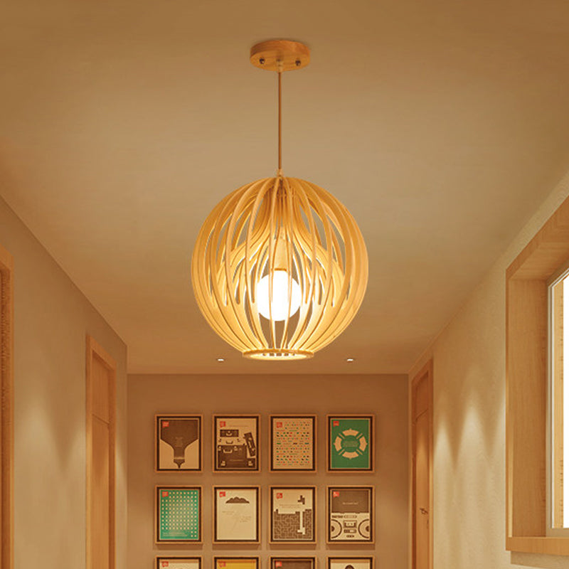 Asia Style 2-Layer Cage Pendant Wooden 1 Head Dining Room Ceiling Light in Beige with Interior Fabric Shade