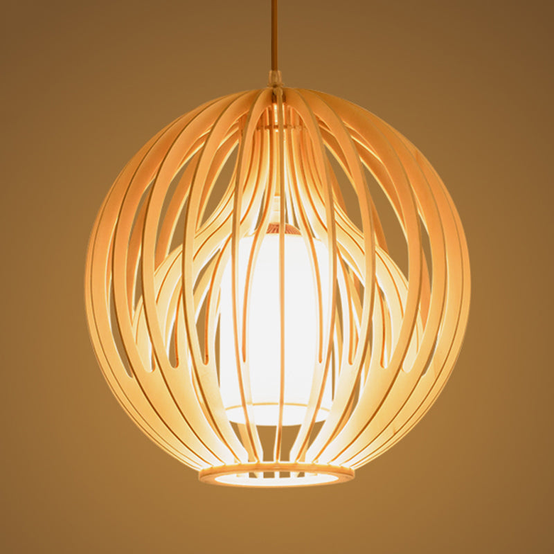 Asia Style 2-Layer Cage Pendant Wooden 1 Head Dining Room Ceiling Light in Beige with Interior Fabric Shade