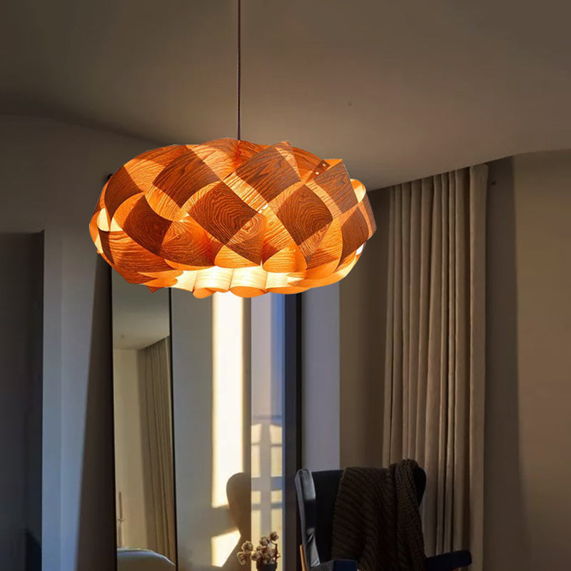 Asian Drum Shade Hanging Pendant Stranded-Weaving Wood Single Hotel Ceiling Light Fixture in Beige