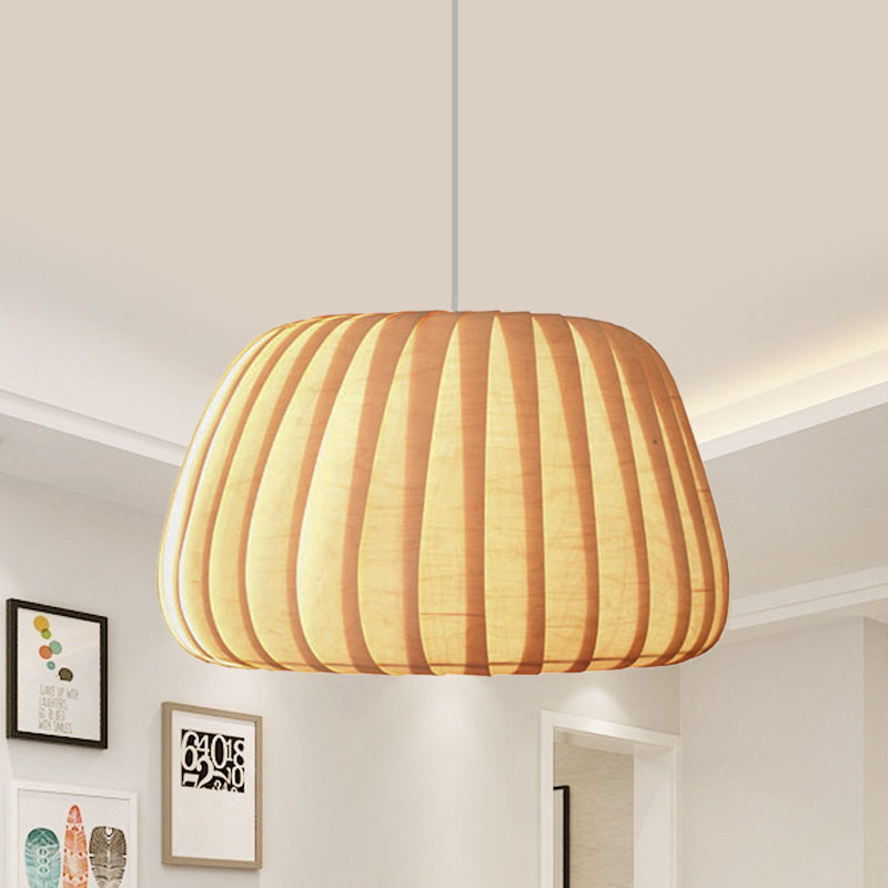1-Light Office Pendulum Light Modern Beige Pendant Lighting Fixture with Pumpkin Wood Shade