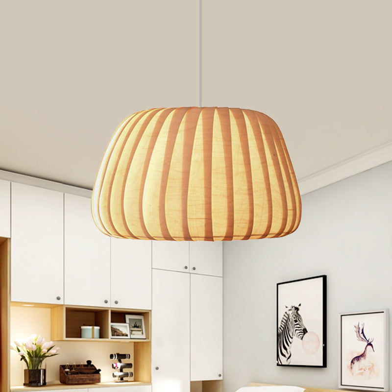 1-Light Office Pendulum Light Modern Beige Pendant Lighting Fixture with Pumpkin Wood Shade