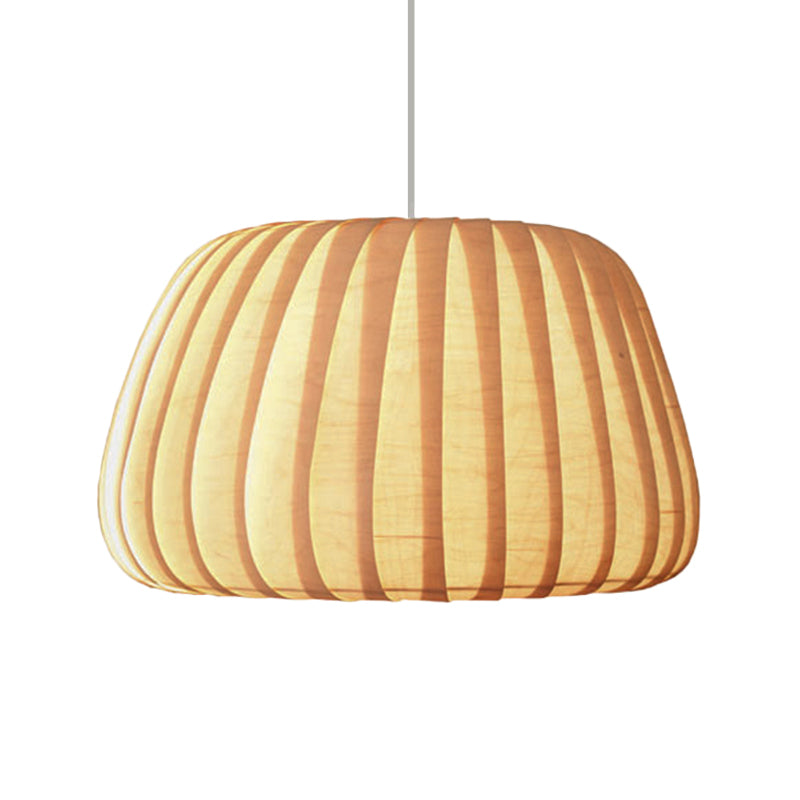 1-Light Office Pendulum Light Modern Beige Pendant Lighting Fixture with Pumpkin Wood Shade