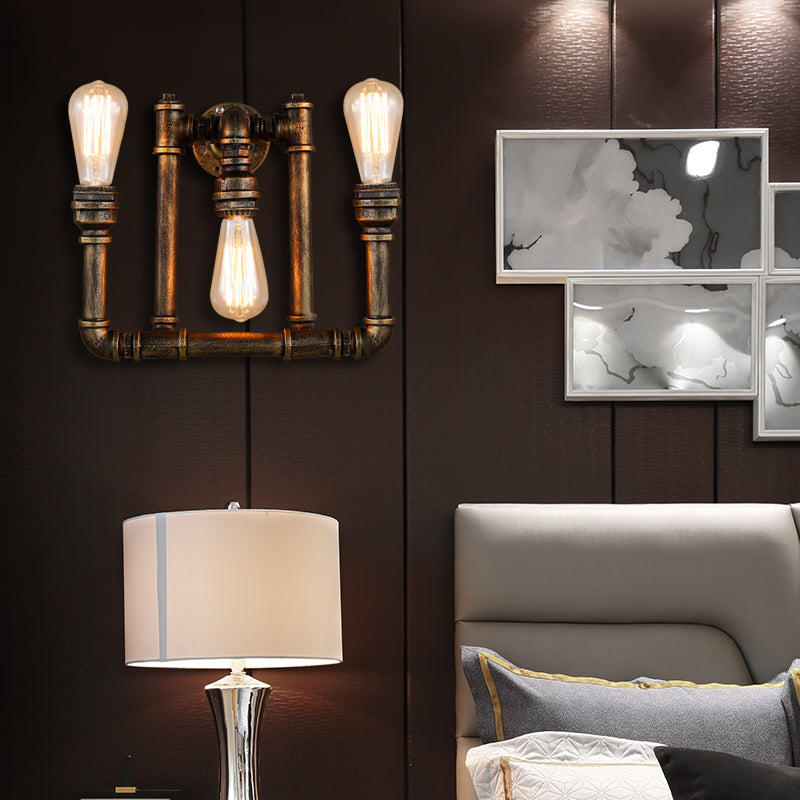 Industrial Exposed Sconce Light with Pipe Design 3 Heads Wrought Iron Wall Lamp in Aged Brass for Hallway