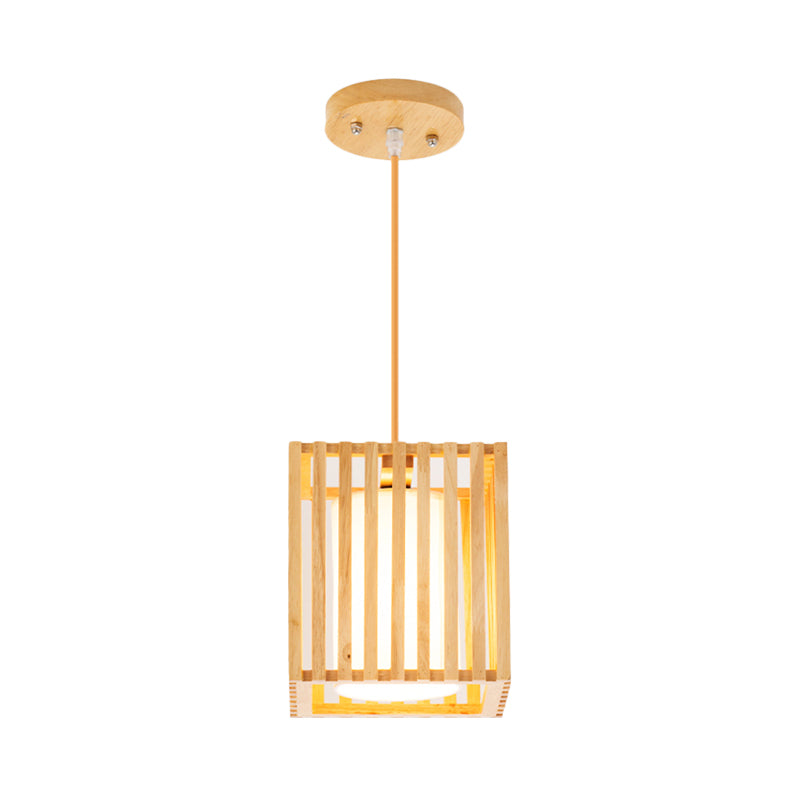 Square Cage Pendant Light Kit Modern Wooden 1 Light Beige Hanging Ceiling Light with Inner Fabric Shade