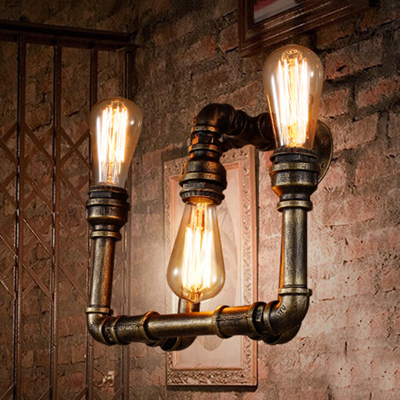 Industrial Exposed Sconce Light with Pipe Design 3 Heads Wrought Iron Wall Lamp in Aged Brass for Hallway