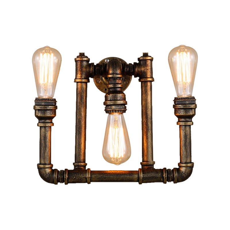 Industrial Exposed Sconce Light with Pipe Design 3 Heads Wrought Iron Wall Lamp in Aged Brass for Hallway