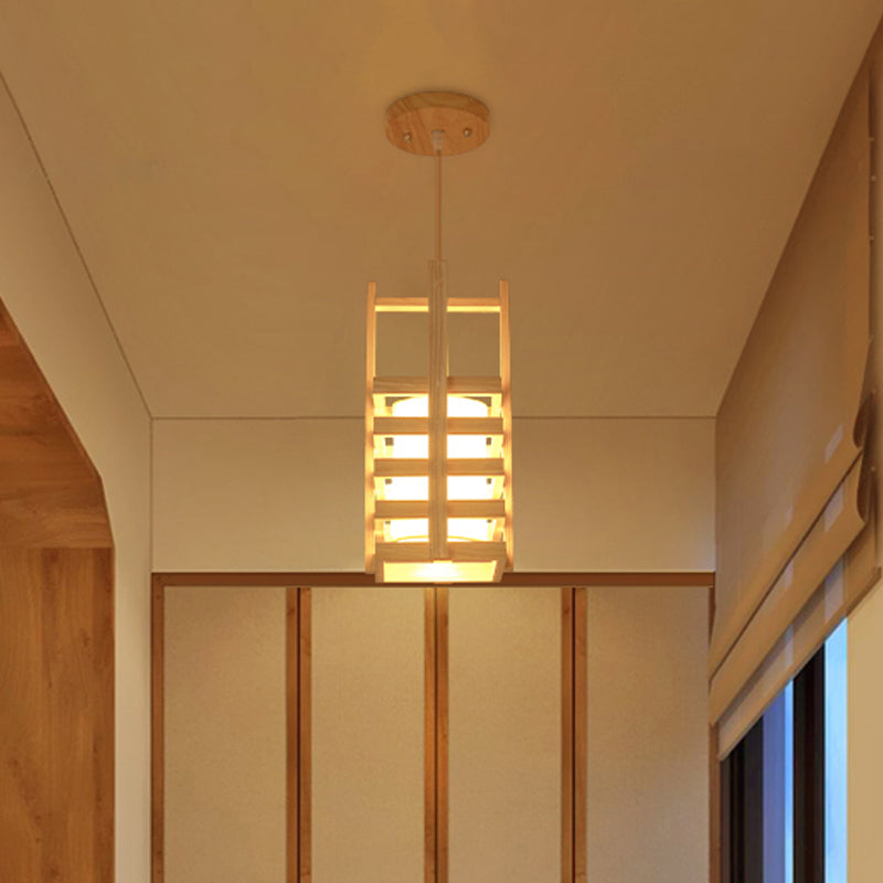 Lámpara colgante de madera cuboide asiático 1 bulbo de lámpara colgante beige con mango cruzado
