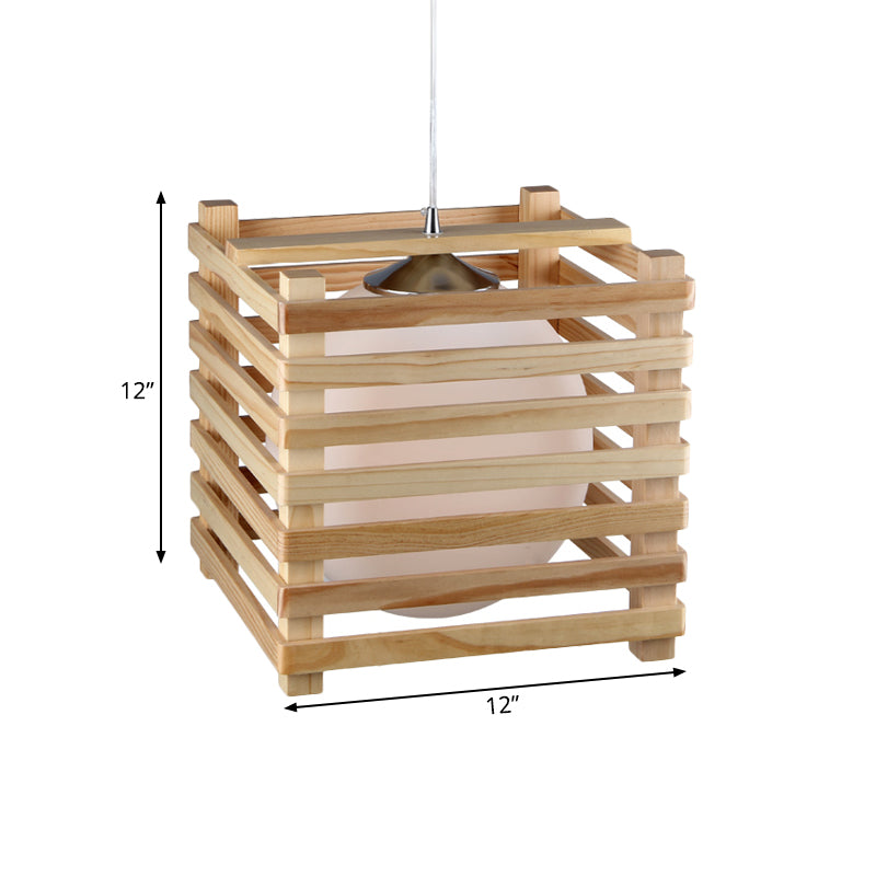Japanese Globe White Glass Pendant 1 Light Hanging Lamp Kit with Wood Cubic Cage for Dining Room