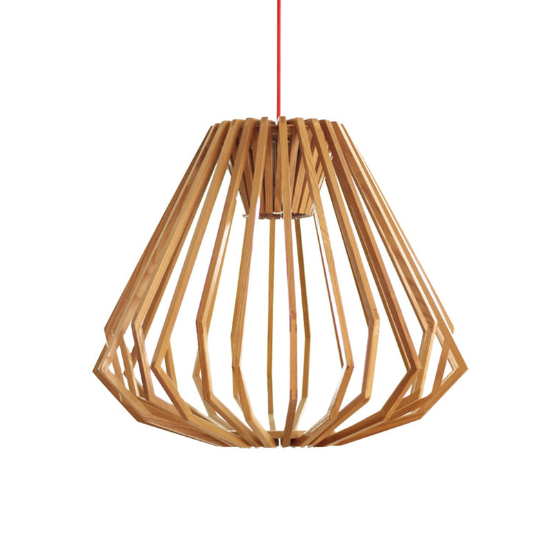 Natural Wood Diamond Cage Pendant Asia Single Head Hanging Light Fixture in Beige