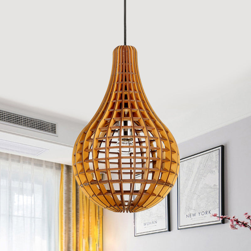 Gridded Raindrop Cage Pendant Lighting Minimalist Wooden 1-Light Brown Suspension Light
