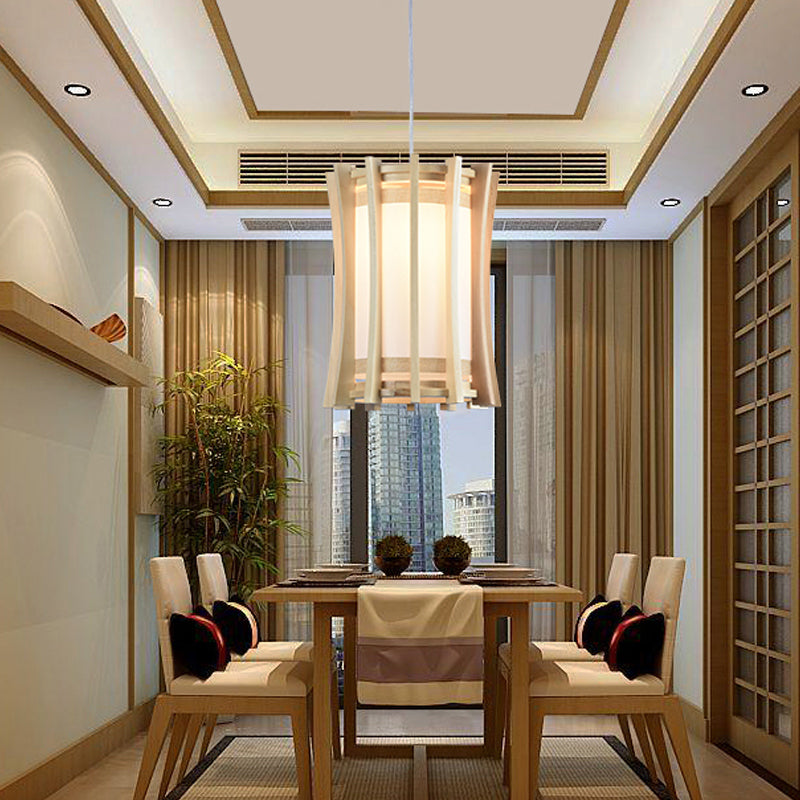 Cylindrical Pendant Light Fixture Asia PVC 1 Bulb Dinette Ceiling Lamp with Wood Cage in Beige