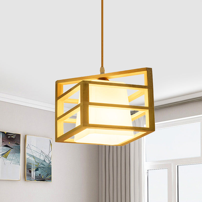 Rhombus Cage Kitchen Dinette Pendant Wooden 1 Head Asian Ceiling Hanging Light with Inner Frosted Glass Lamp Shade