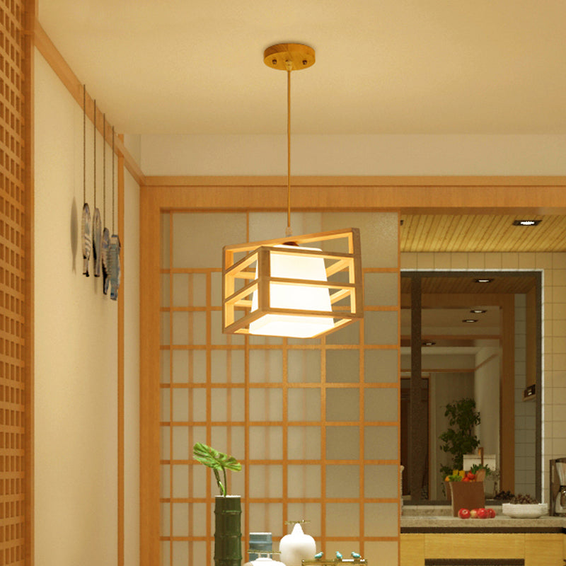 Rhombus Cage Kitchen Dinette Pendant Wooden 1 Head Asian Ceiling Hanging Light with Inner Frosted Glass Lamp Shade