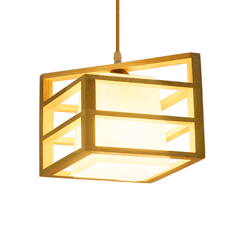 Rhombus Cage Kitchen Dinette Pendant Wooden 1 Head Asian Ceiling Hanging Light with Inner Frosted Glass Lamp Shade