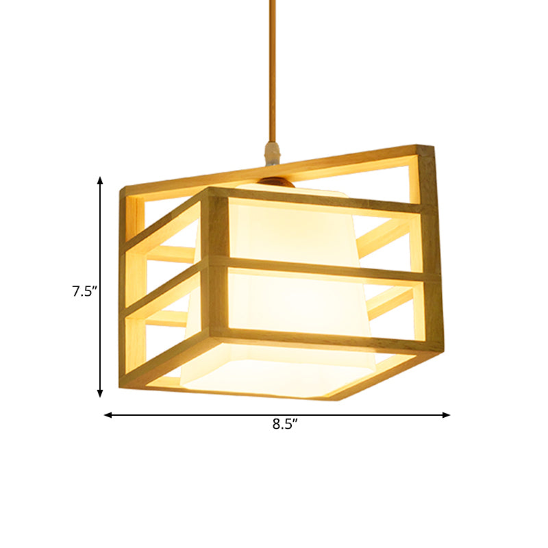 Rhombus Cage Kitchen Dinette Pendant Wooden 1 Head Asian Ceiling Hanging Light with Inner Frosted Glass Lamp Shade