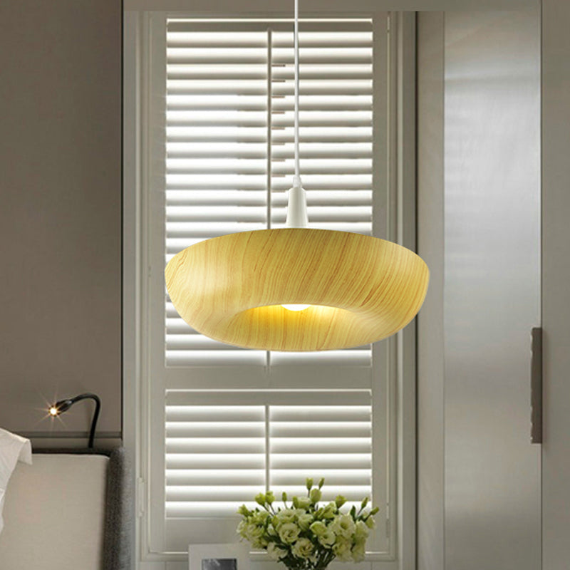 Minimalist Donut Hanging Light Aluminum Single Living Room Pendant Lamp in Beige with Wood Grain Texture Design