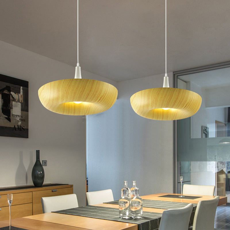 Minimalist Donut Hanging Light Aluminum Single Living Room Pendant Lamp in Beige with Wood Grain Texture Design
