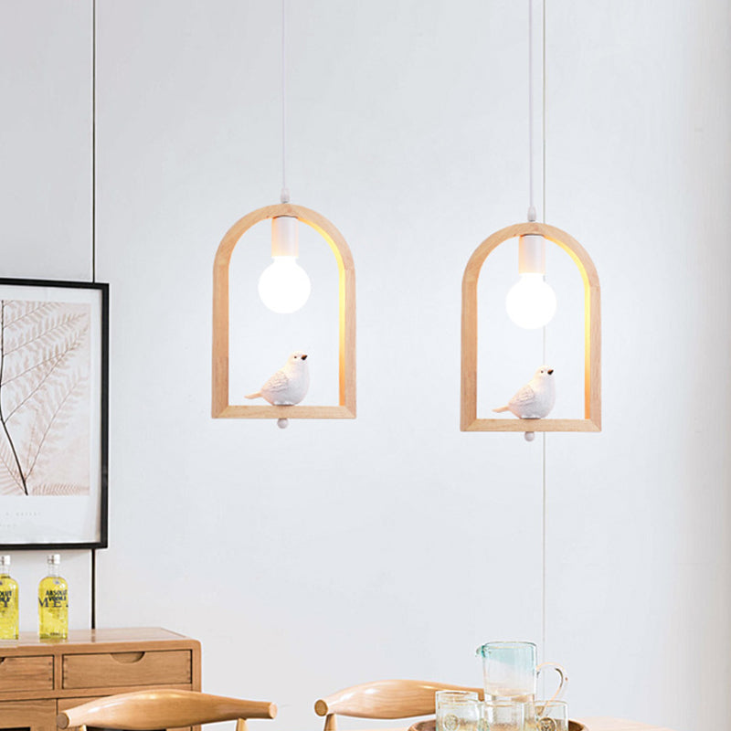 Resin Bird Pendant Ceiling Lamp Nordic 1 Light White Pendulum Light with Wooden Arch Frame