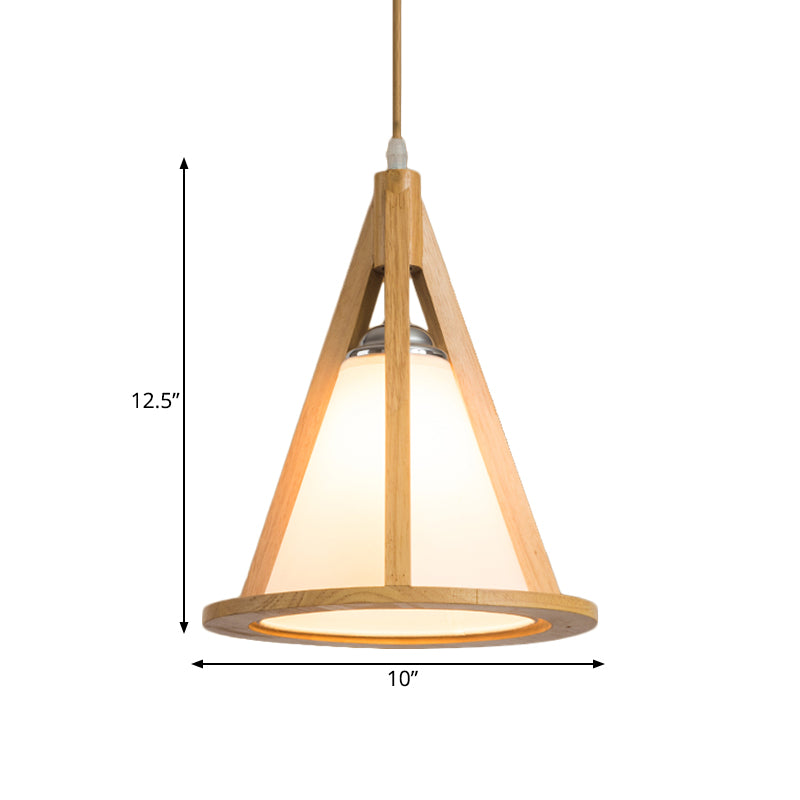 Horn Shaped Cage Wood Pendant Lamp Japanese Single Bulb Beige Ceiling Light with Shade