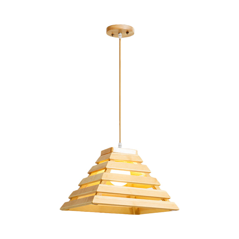 Pyramid Suspension Light Asian Wooden 1 Bulb Dining Table Pendant Lighting with Cage Design in Beige
