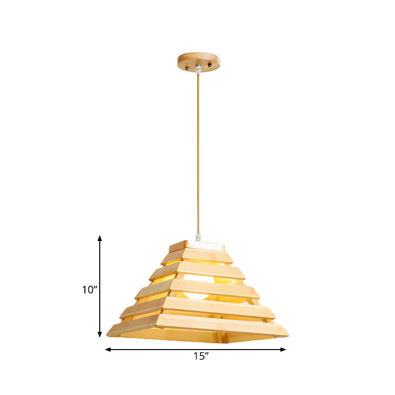 Pyramid Suspension Light Asian Wooden 1 Bulb Dining Table Pendant Lighting with Cage Design in Beige