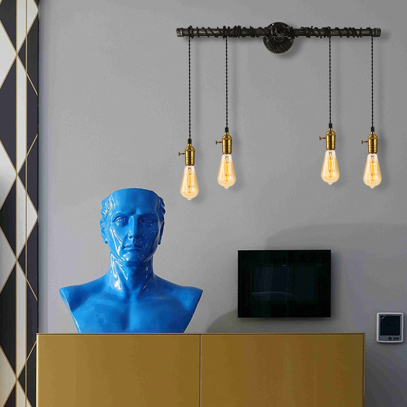 4 Leuchten linearer Wandleuchtenleuchte mit offener Glühbirne Industrielles Messing Metall -Wandmontagelampe