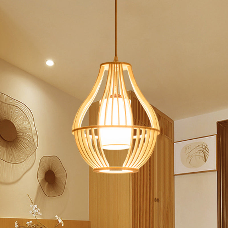 Wood Basket Suspension Pendant Light Farmhouse 1 Bulb Beige Ceiling Fixture with Fabric Lamp Shade