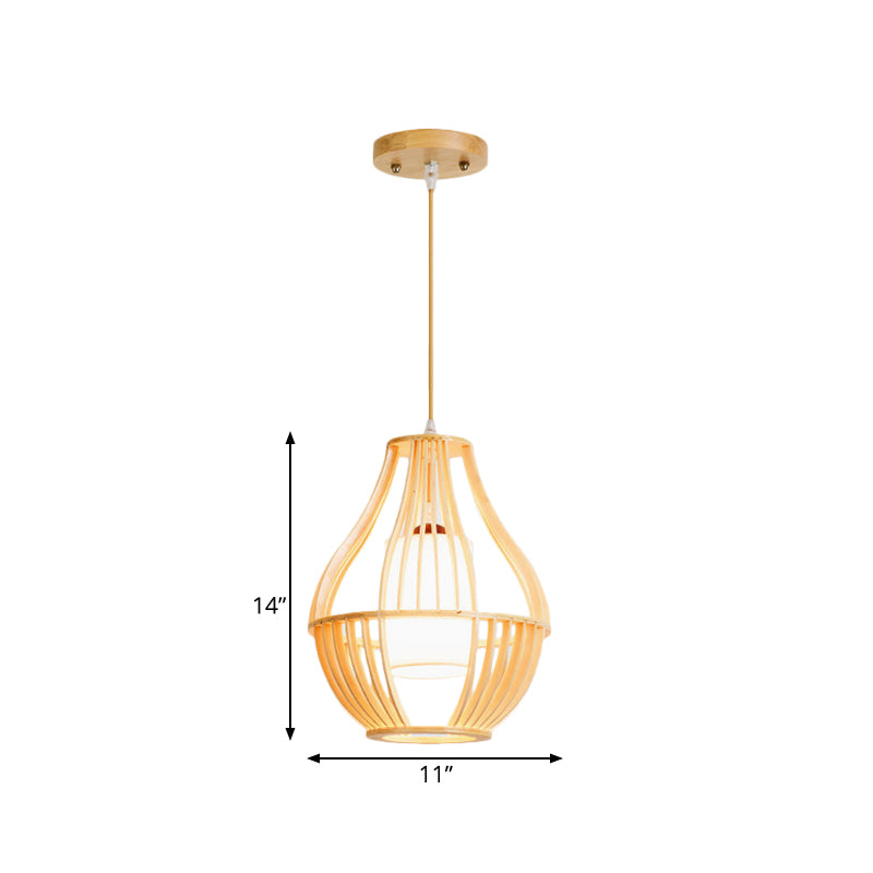 Wood Basket Suspension Pendant Light Farmhouse 1 Bulb Beige Ceiling Fixture with Fabric Lamp Shade