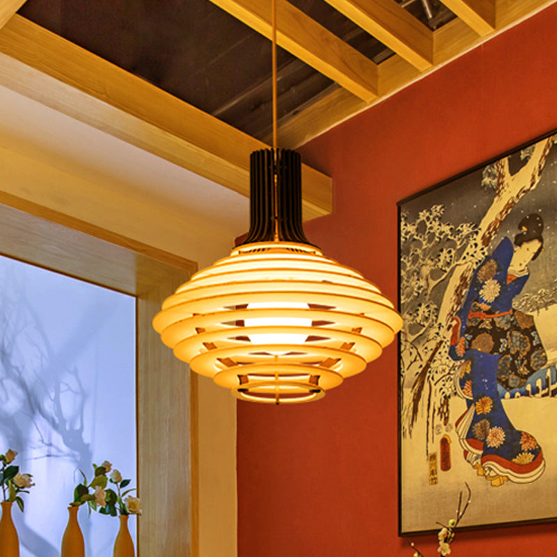 Asia Single Bulb Pendulum Light Black/Beige Wine Jar Shaped Hanging Lamp Kit with Wood Cage