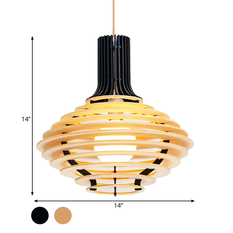 Asia Single Bulb Pendulum Light Black/Beige Wine Jar Shaped Hanging Lamp Kit with Wood Cage