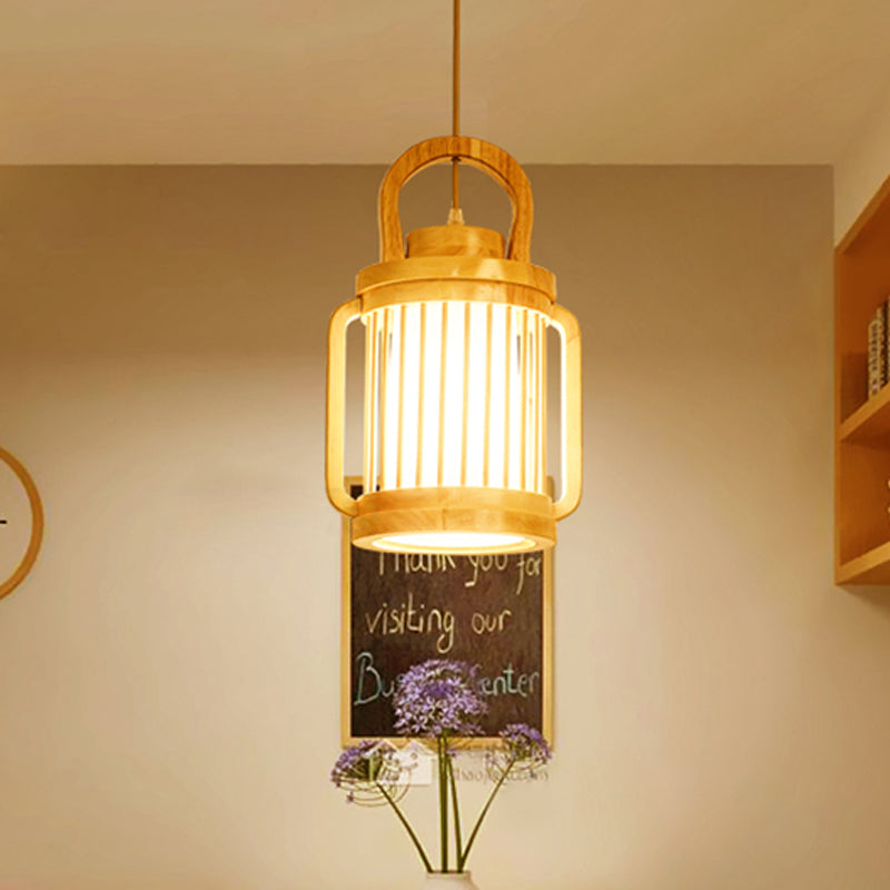Water Jar Cage Bistro Pendant Lamp Wood Single Bulb Japanese Style Hanging Light Kit with Fabric Shade Inside