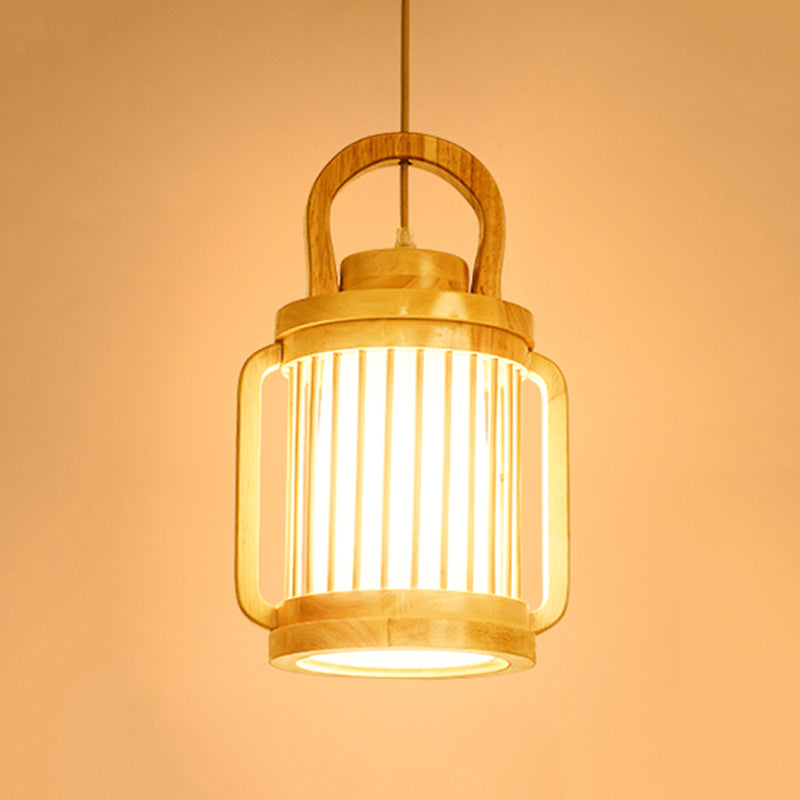 Water Jar Cage Bistro Pendant Lamp Wood Single Bulb Japanese Style Hanging Light Kit with Fabric Shade Inside