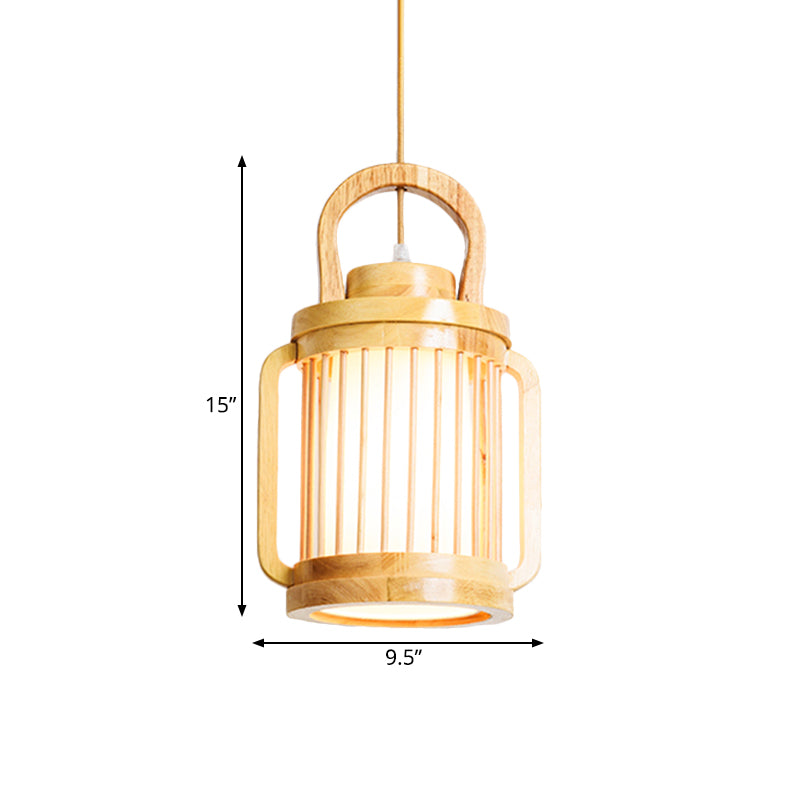 Water Jar Cage Bistro Pendant Lamp Wood Single Bulb Japanese Style Hanging Light Kit with Fabric Shade Inside