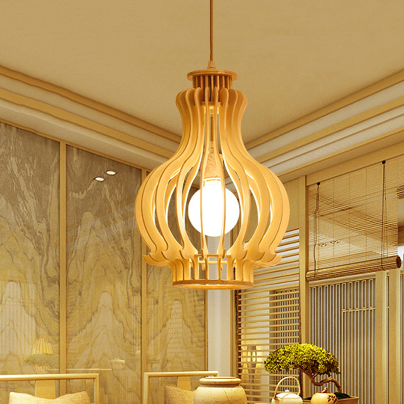 Beige Gourd Cage Hanging Lamp Asian Single Basswood Ceiling Pendant over Dining Table
