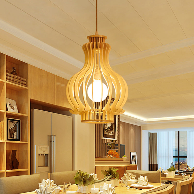 Beige Gourd Cage Hanging Lamp Asian Single Basswood Ceiling Pendant over Dining Table